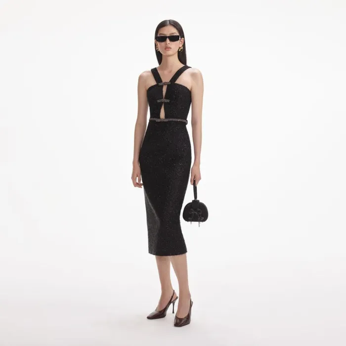 Black Tinsel Boucle Midi Dress Women Self Portrait Dresses
