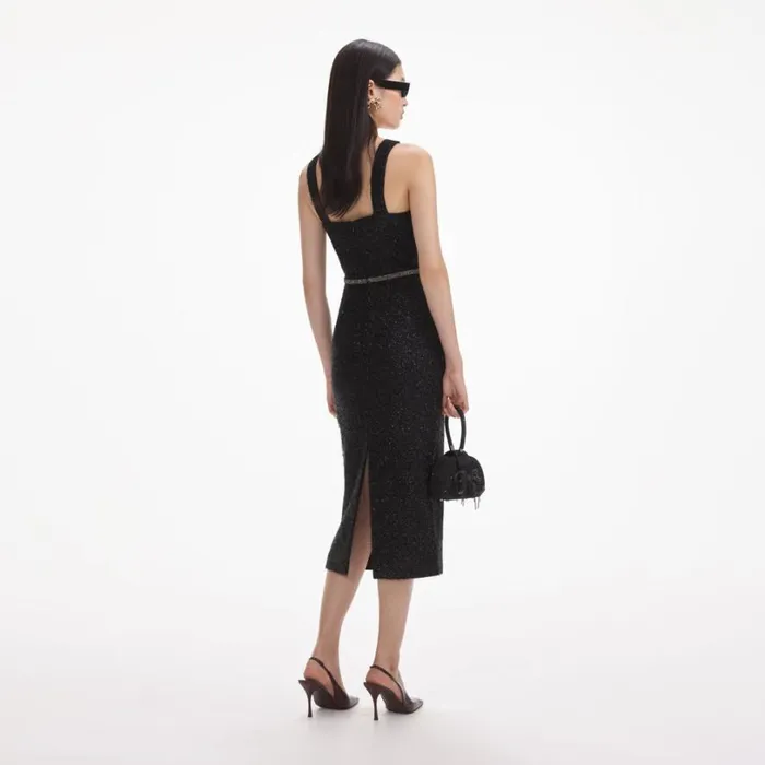 Black Tinsel Boucle Midi Dress Women Self Portrait Dresses