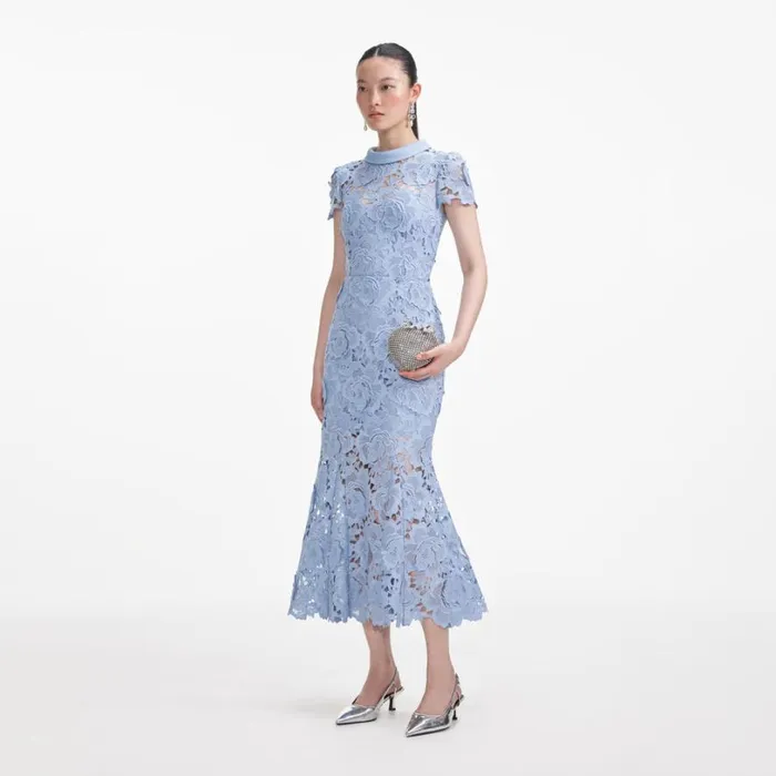 Blue Flower Lace Contrast Collar Midi Dress Women Self Portrait Dresses Blue Flower Lace Contrast Collar Midi Dress Women Self Portrait Dresses