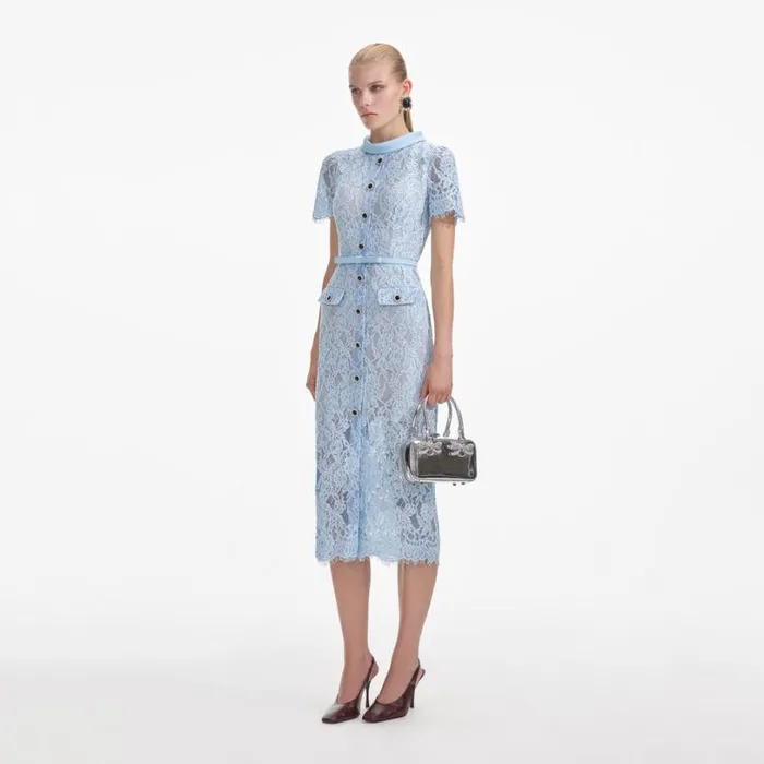 Blue Lace Button Midi Dress Women Self Portrait Dresses Blue Lace Button Midi Dress Women Self Portrait Dresses