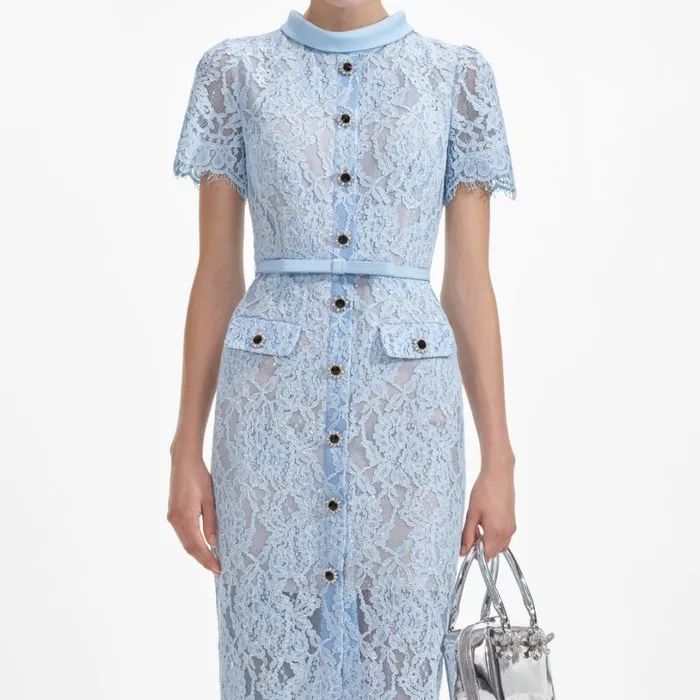 Blue Lace Button Midi Dress Women Self Portrait Dresses Blue Lace Button Midi Dress Women Self Portrait Dresses