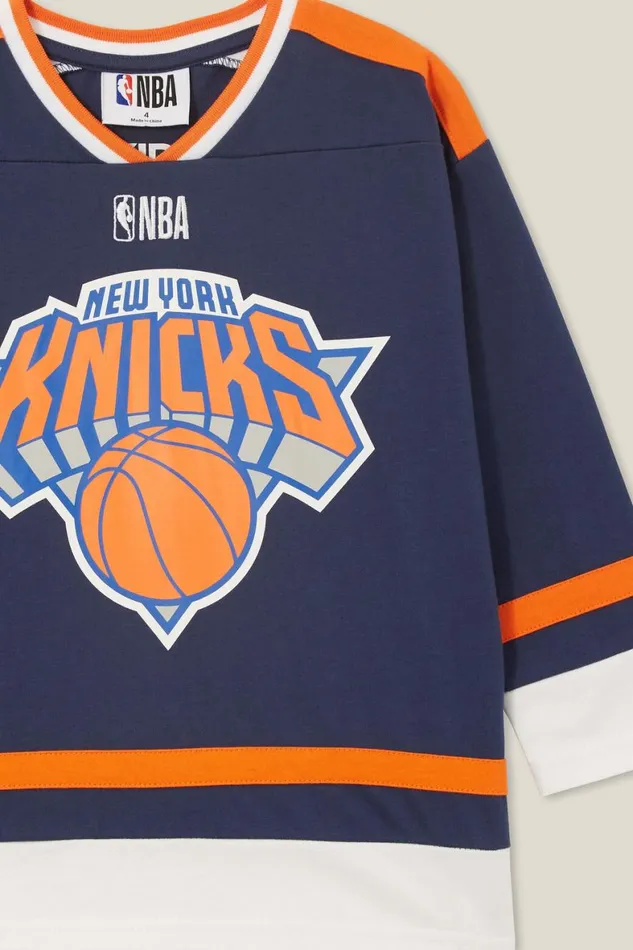 Boys 214 Tops and TShirts Cotton On License Oversized Long Sleeve Tee Lcn Nba Petty Blue knicks Colour Block