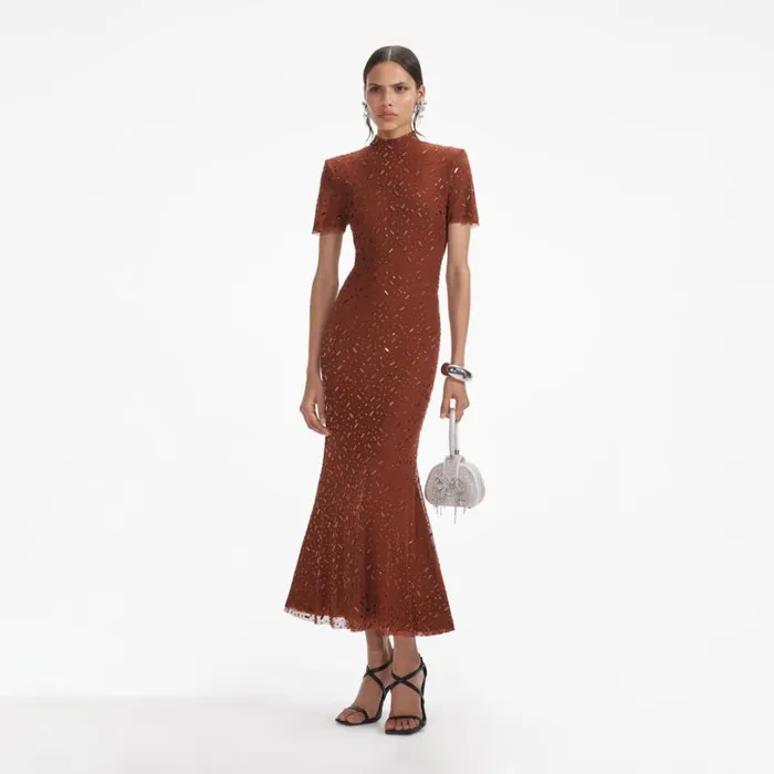 Brown Square Rhinestone Mesh Midi Dress Women Self Portrait Dresses Brown Square Rhinestone Mesh Midi Dress Women Self Portrait Dresses