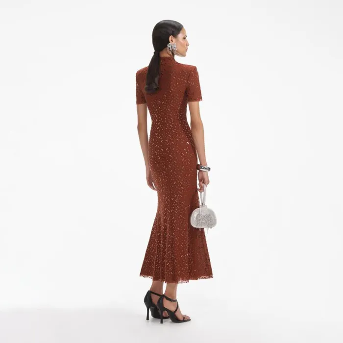 Brown Square Rhinestone Mesh Midi Dress Women Self Portrait Dresses Brown Square Rhinestone Mesh Midi Dress Women Self Portrait Dresses