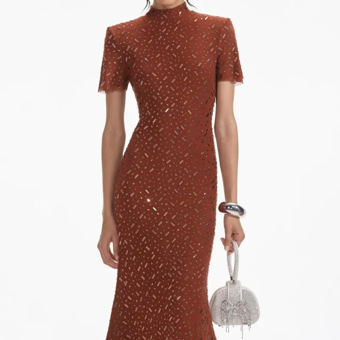 Brown Square Rhinestone Mesh Midi Dress Women Self Portrait Dresses Brown Square Rhinestone Mesh Midi Dress Women Self Portrait Dresses