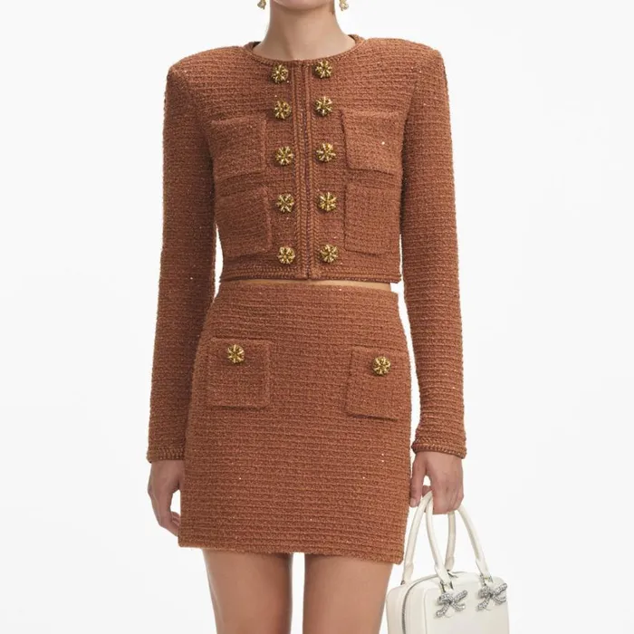 Brown Textured Knit Mini Skirt Women Self Portrait Knitwear Brown Textured Knit Mini Skirt Women Self Portrait Knitwear