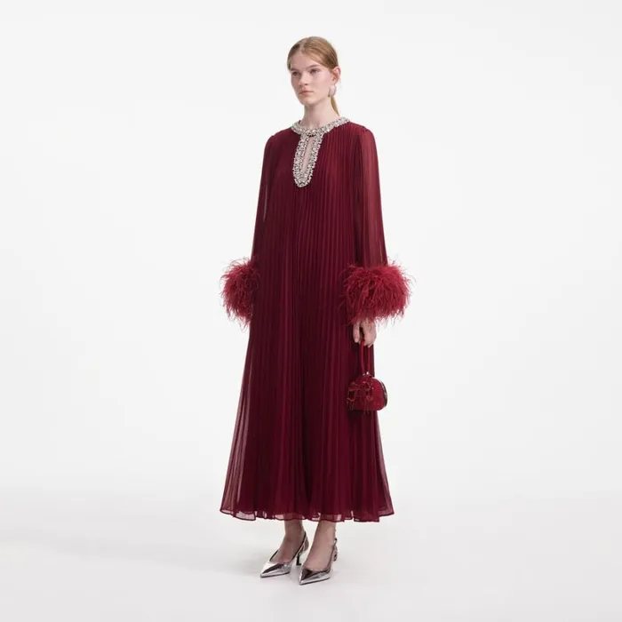 Burgundy Chiffon Feather Midi Dress Women Self Portrait Wedding Guest