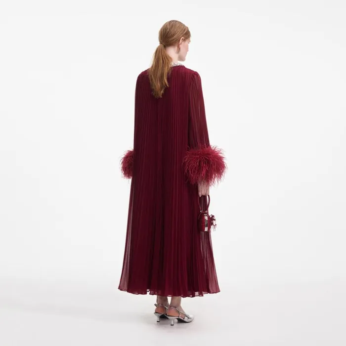 Burgundy Chiffon Feather Midi Dress Women Self Portrait Wedding Guest