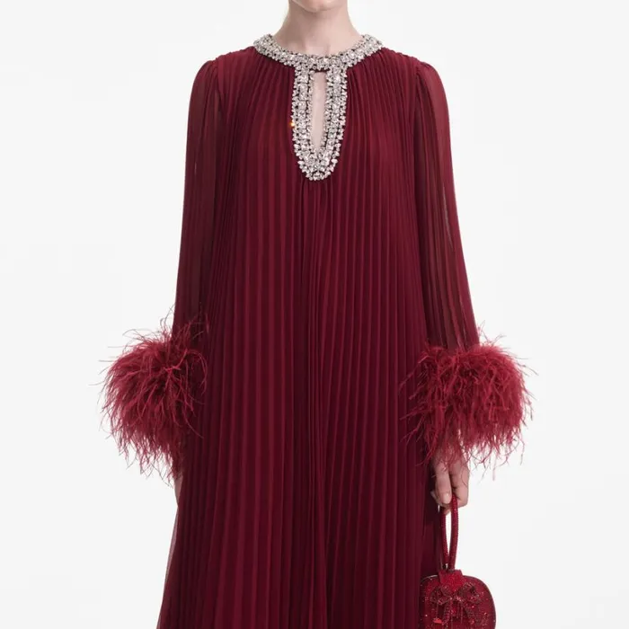 Burgundy Chiffon Feather Midi Dress Women Self Portrait Wedding Guest