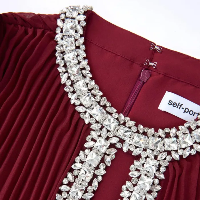 Burgundy Chiffon Feather Midi Dress Women Self Portrait Wedding Guest
