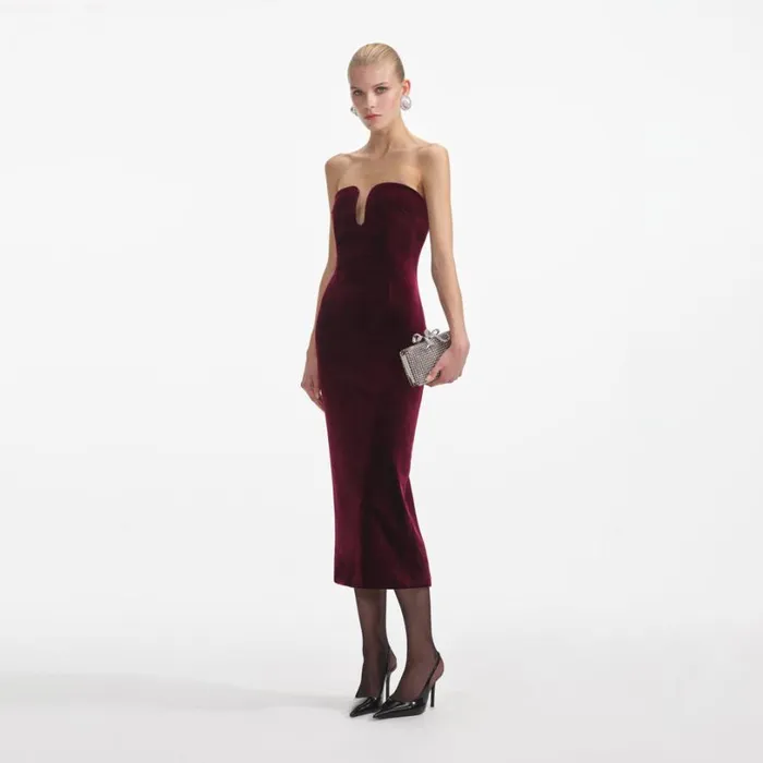 Burgundy Velvet Midi Dress Women Self Portrait Wedding Guest