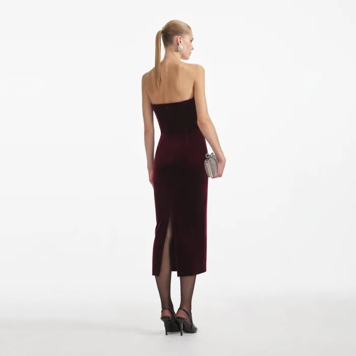 Burgundy Velvet Midi Dress Women Self Portrait Wedding Guest