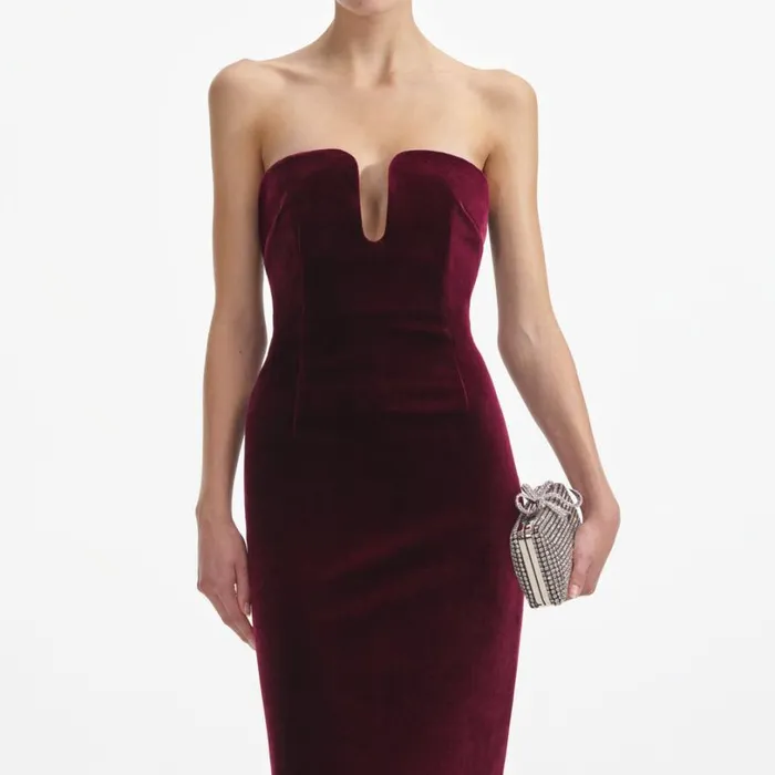 Burgundy Velvet Midi Dress Women Self Portrait Wedding Guest