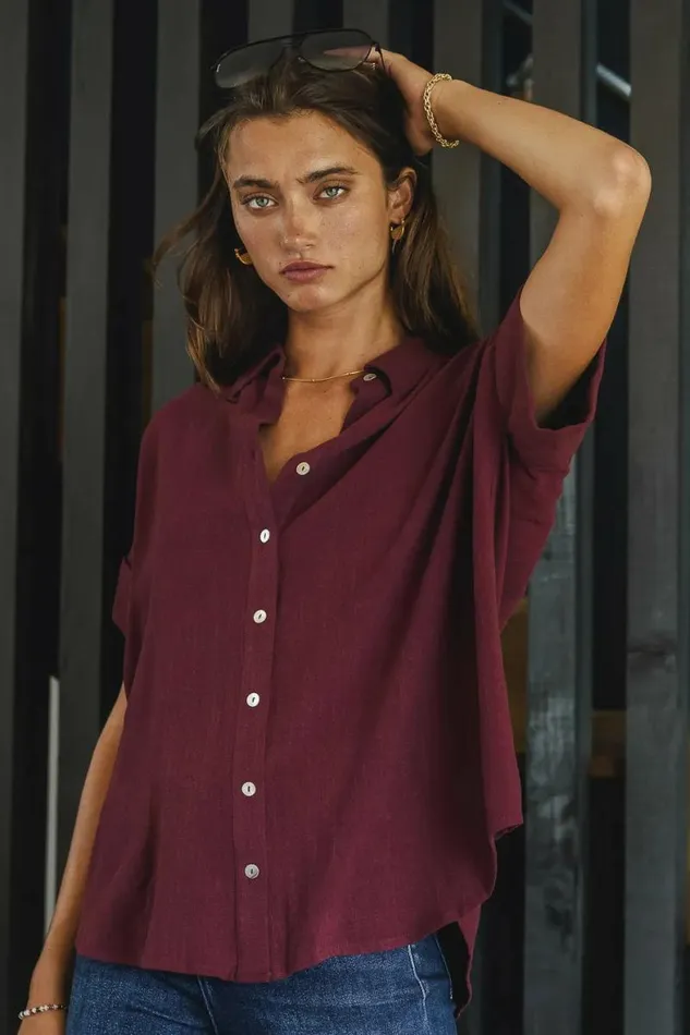 Caitlyn Button Up In Burgundy Burgundy Women Bohme Tops