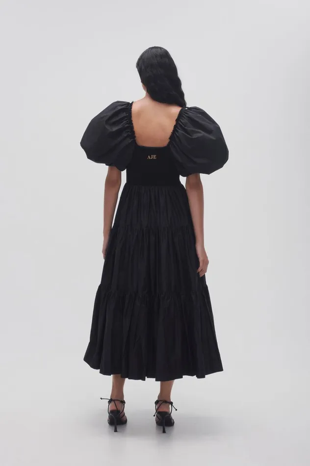 Casa Puff Sleeve Midi Dress Black Women Aje Midi Dresses