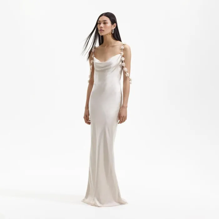 Champagne Satin Flower Maxi Dress Women Self Portrait Dresses