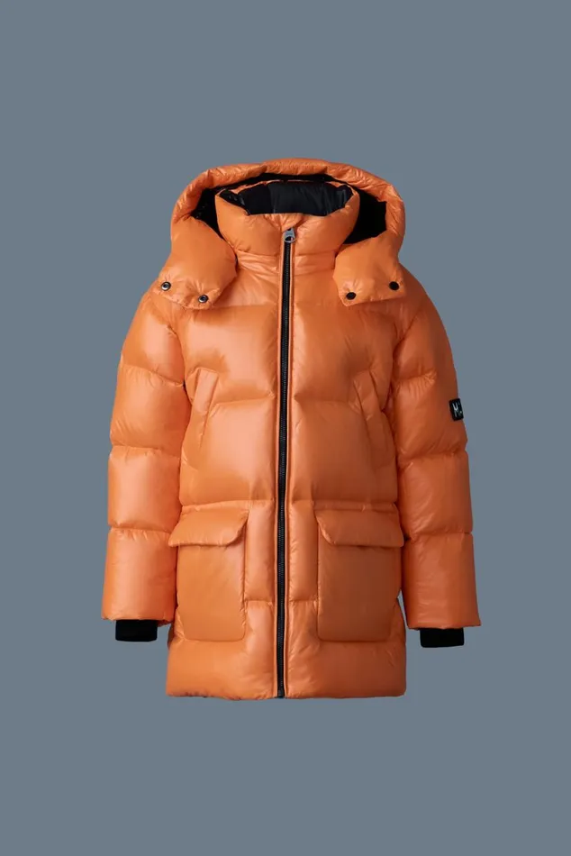 Coats and Jackets Kids Mackage KENNIE Lustrous Light Down Parka With Hood For Toddlers 26 Years Flame