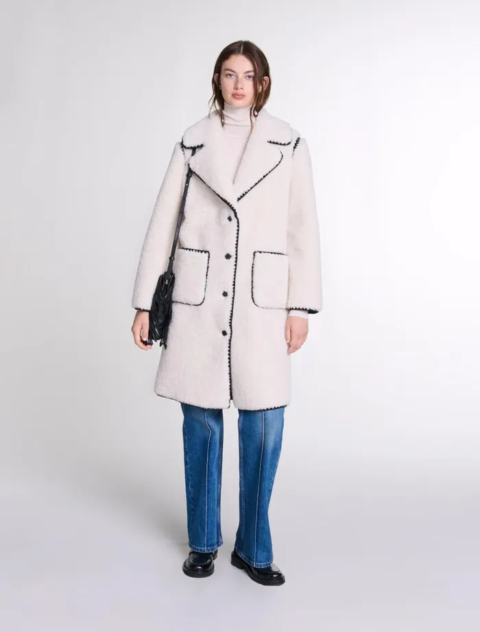 Coats Women Maje MidLength Fleece Coat Ecru Black