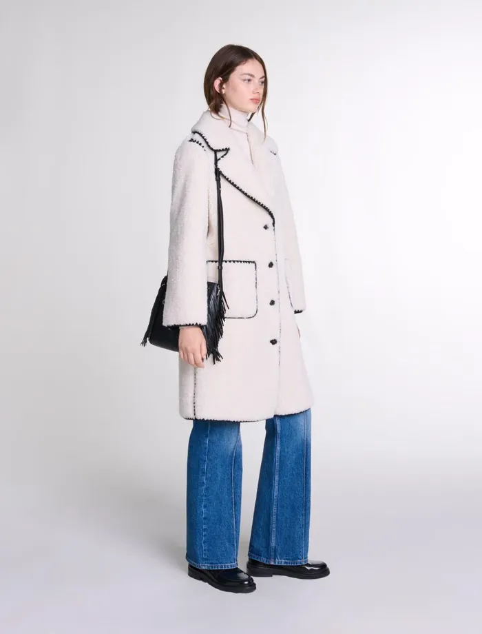 Coats Women Maje MidLength Fleece Coat Ecru Black
