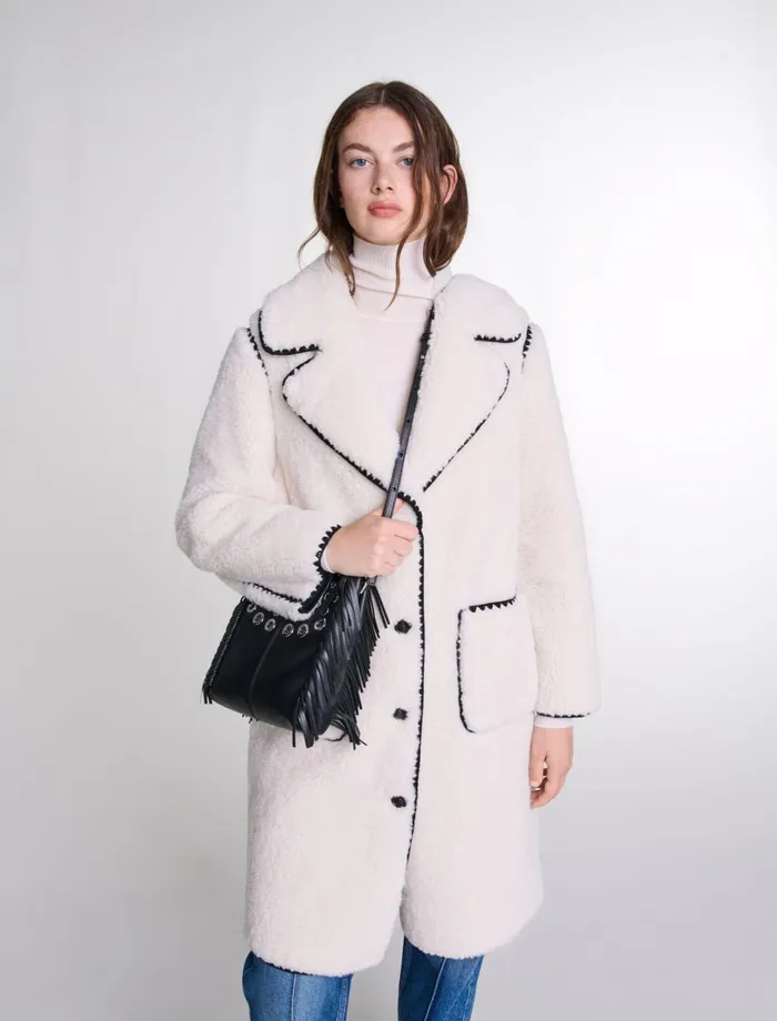 Coats Women Maje MidLength Fleece Coat Ecru Black