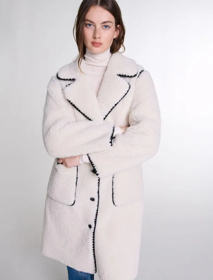 Coats Women Maje MidLength Fleece Coat Ecru Black