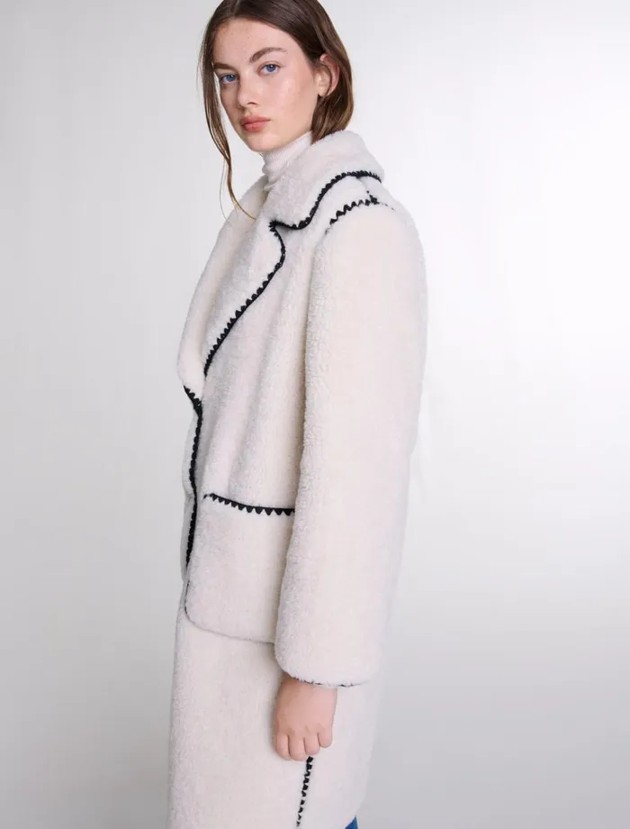Coats Women Maje MidLength Fleece Coat Ecru Black