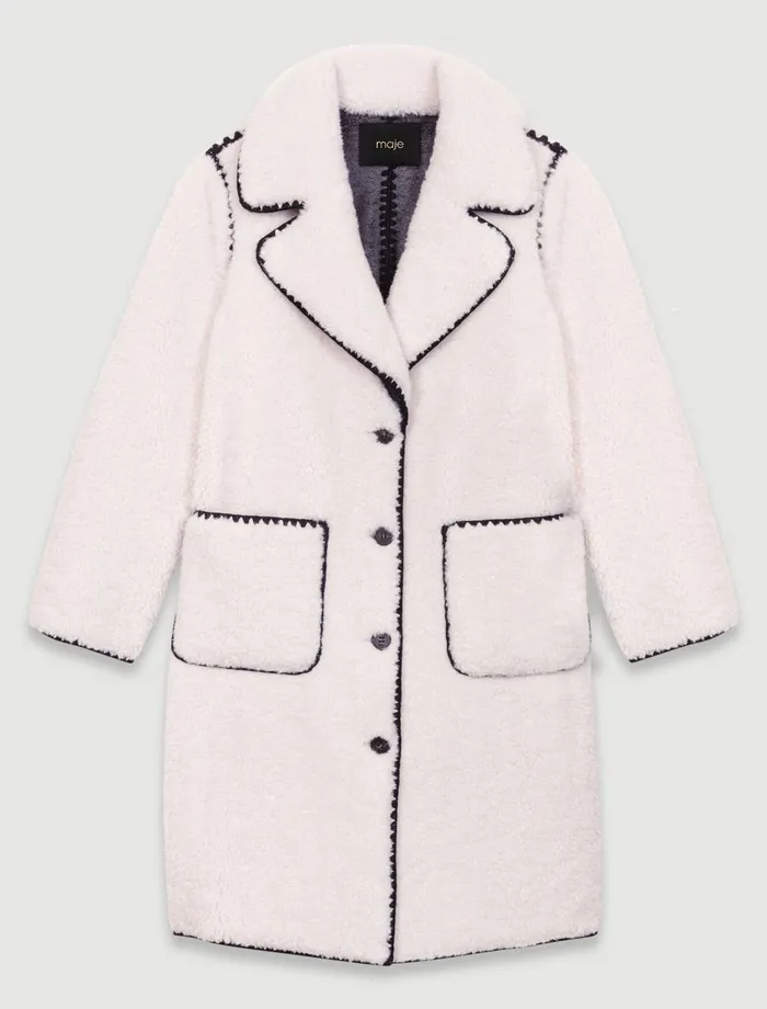 Coats Women Maje MidLength Fleece Coat Ecru Black