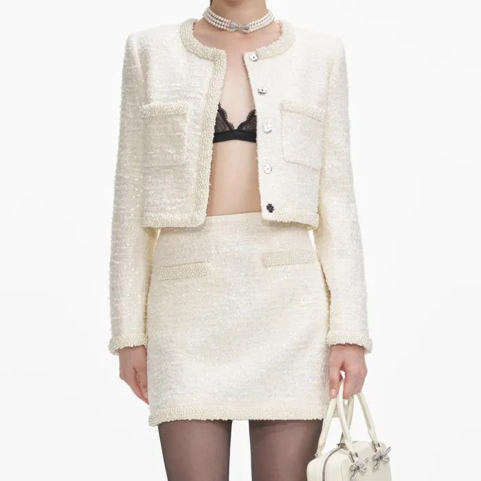Cream Boucle Pearl Trim Jacket Women Self Portrait Outerwear