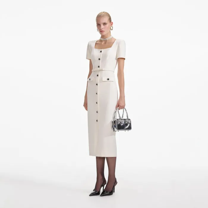 Cream Crepe Button Midi Dress Women Self Portrait Dresses Cream Crepe Button Midi Dress Women Self Portrait Dresses