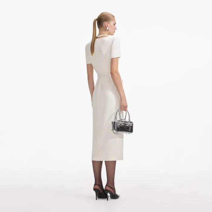 Cream Crepe Button Midi Dress Women Self Portrait Dresses Cream Crepe Button Midi Dress Women Self Portrait Dresses