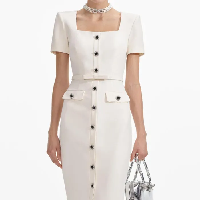 Cream Crepe Button Midi Dress Women Self Portrait Dresses Cream Crepe Button Midi Dress Women Self Portrait Dresses