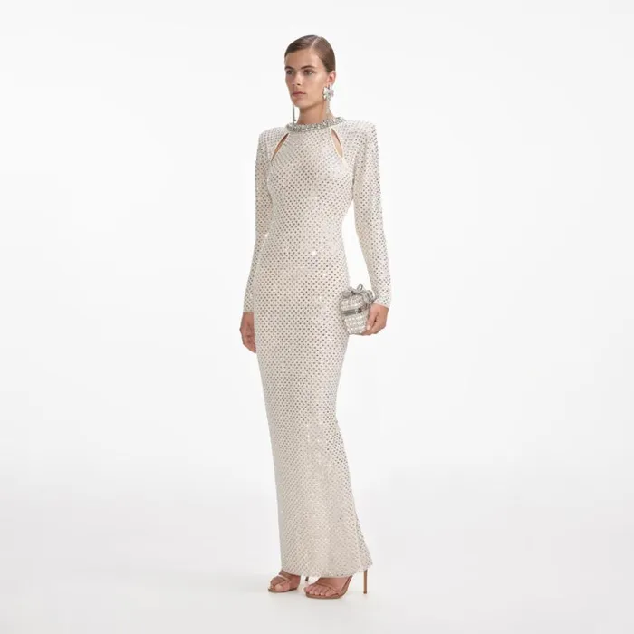 Cream Rhinestone Diamante Trim Maxi Dress Women Self Portrait Dresses