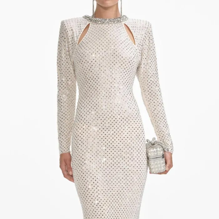Cream Rhinestone Diamante Trim Maxi Dress Women Self Portrait Dresses
