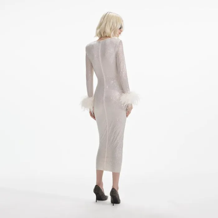 Cream Rhinestone Feather Midi Dress Women Self Portrait Dresses Cream Rhinestone Feather Midi Dress Women Self Portrait Dresses