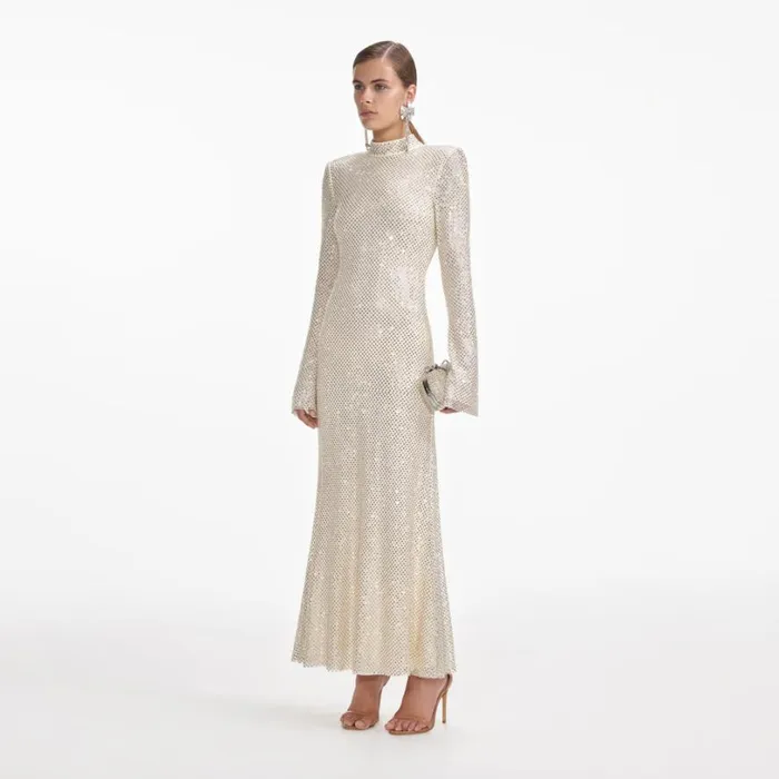 Cream Square Rhinestone Fishnet Midi Dress Women Self Portrait Dresses Cream Square Rhinestone Fishnet Midi Dress Women Self Portrait Dresses