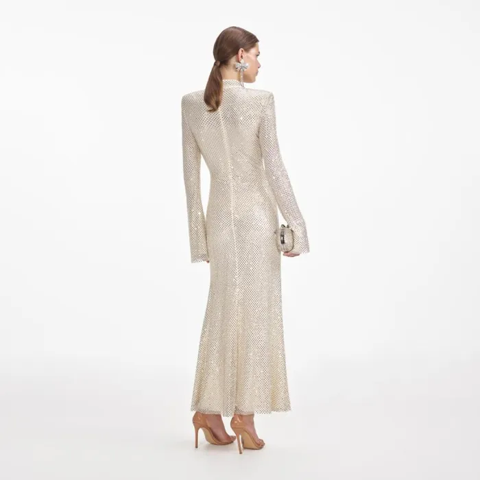 Cream Square Rhinestone Fishnet Midi Dress Women Self Portrait Dresses Cream Square Rhinestone Fishnet Midi Dress Women Self Portrait Dresses