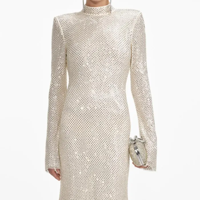 Cream Square Rhinestone Fishnet Midi Dress Women Self Portrait Dresses Cream Square Rhinestone Fishnet Midi Dress Women Self Portrait Dresses
