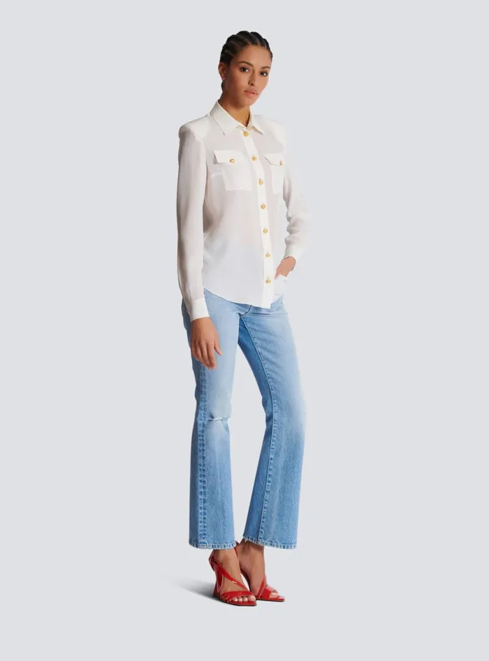 Crepe De Chine Shirt White Women Balmain Tops And Shirts
