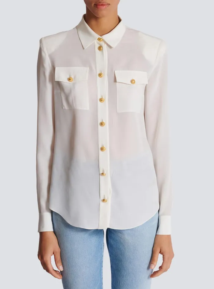 Crepe De Chine Shirt White Women Balmain Tops And Shirts