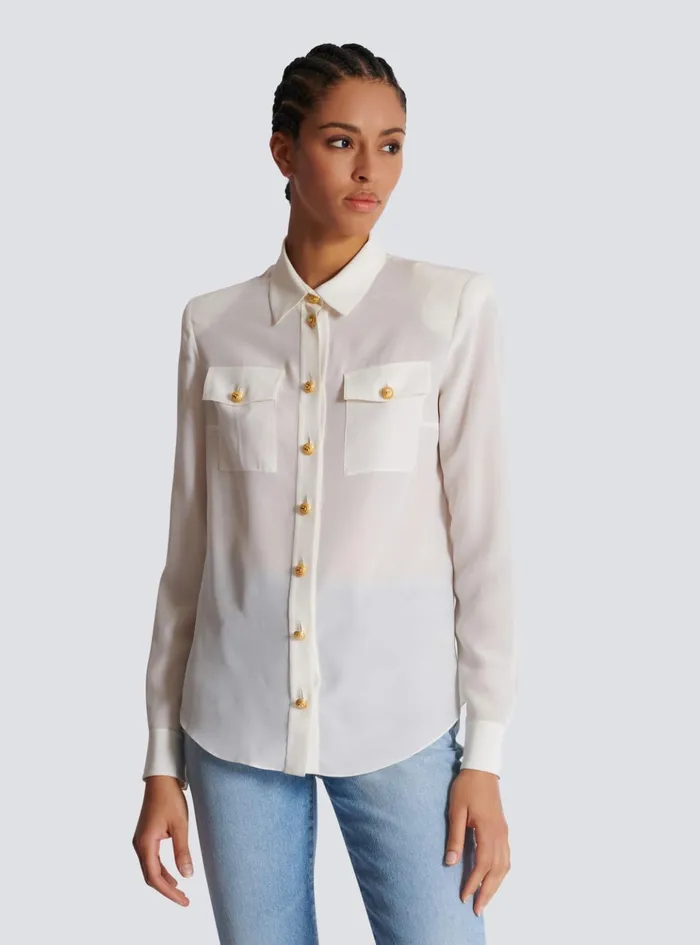 Crepe De Chine Shirt White Women Balmain Tops And Shirts