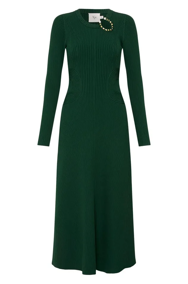 Crescent Knit Midi Dress Forest Green Women Aje Body 038 Crepe Knit