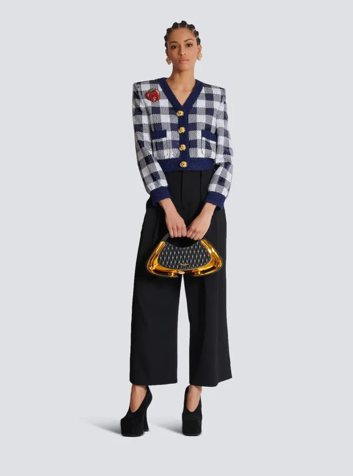 Cropped Jacket In Gingham Sequins Navy Women Balmain Jackets And Blazers