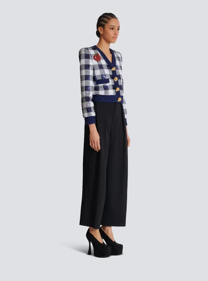 Cropped Jacket In Gingham Sequins Navy Women Balmain Jackets And Blazers