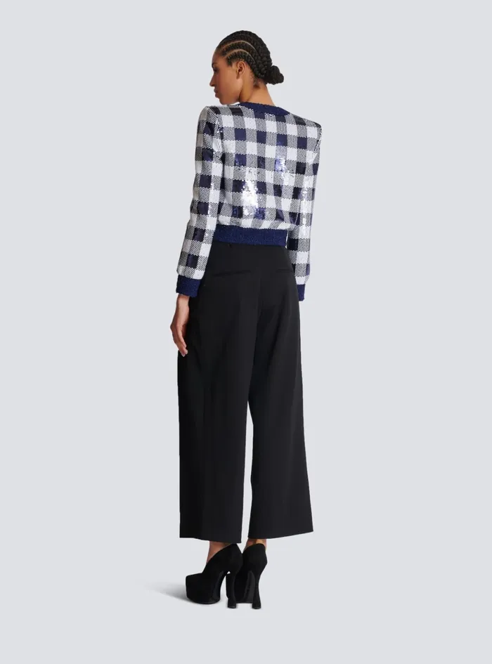 Cropped Jacket In Gingham Sequins Navy Women Balmain Jackets And Blazers