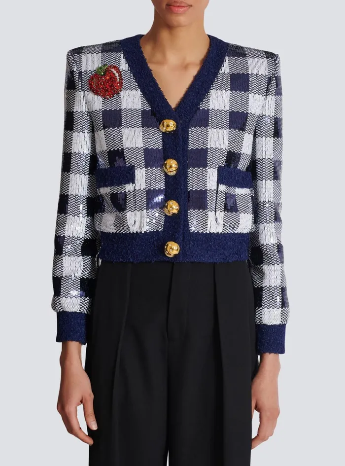 Cropped Jacket In Gingham Sequins Navy Women Balmain Jackets And Blazers