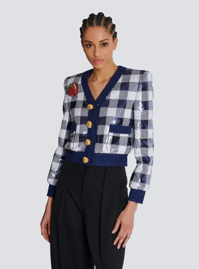 Cropped Jacket In Gingham Sequins Navy Women Balmain Jackets And Blazers
