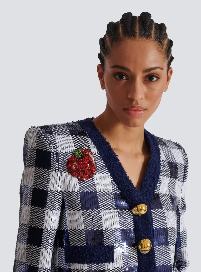 Cropped Jacket In Gingham Sequins Navy Women Balmain Jackets And Blazers
