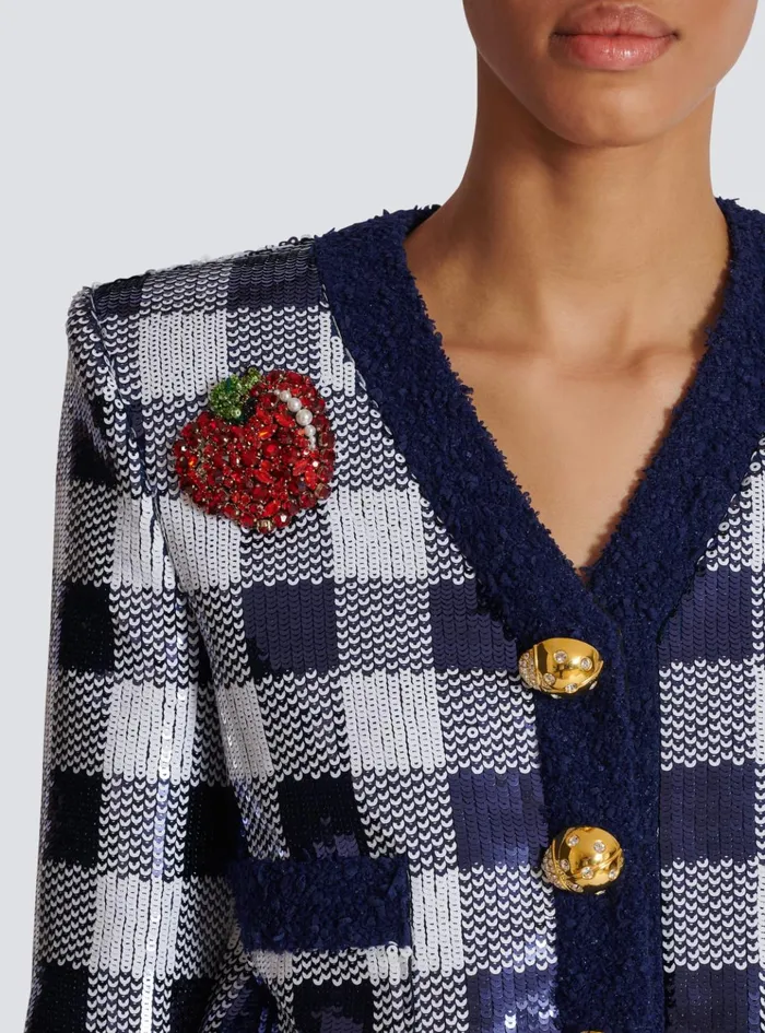 Cropped Jacket In Gingham Sequins Navy Women Balmain Jackets And Blazers