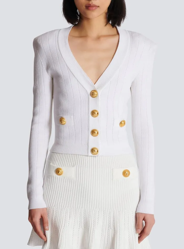 Cropped Knit Cardigan White Women Balmain Knitwear