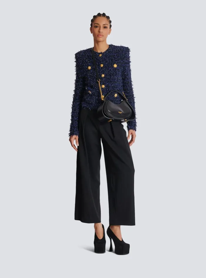 Cropped Tweed Knit Jacket Navy Women Balmain Jackets And Blazers